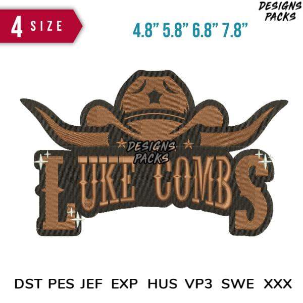 Luke Combs cowboy hat embroidery design in multiple sizes, compatible with DST PES JEF formats