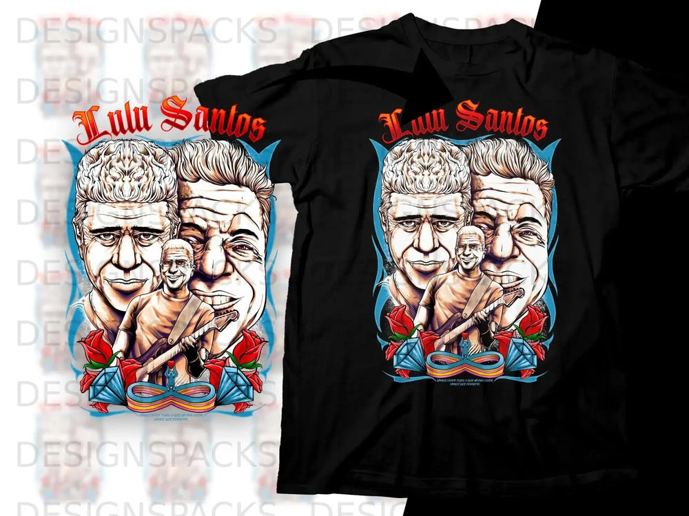 Tulu Santos graphic tee with portraits and text.