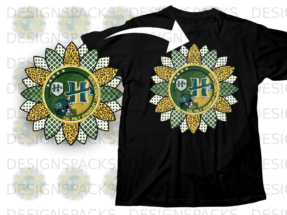 Black t-shirt with a sunflower design featuring Cal Poly Humboldt Lumberjacks logo and football helmet.