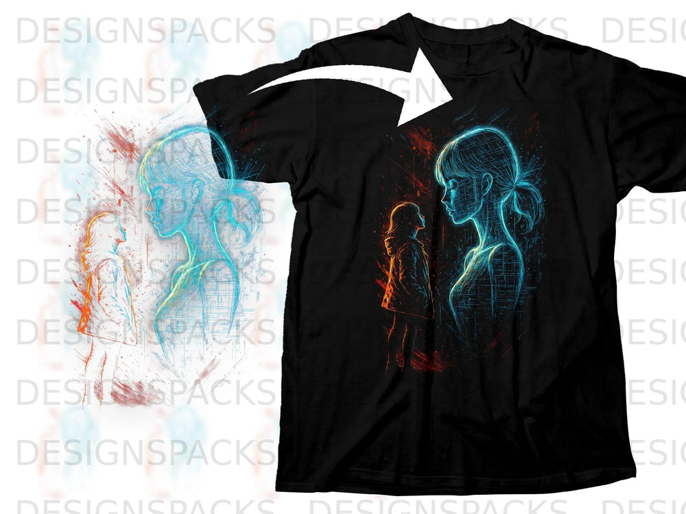 Black t-shirt with neon outline graphic of two figures facing each other.