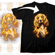 Black t-shirt with an artistic rendering of a golden cocker spaniel.