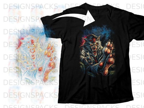 Black t-shirt featuring a snarling werewolf design with intense eyes and detailed paws.