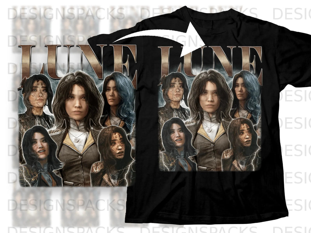 Collage of women's faces with "LUNE LUNE" text above and lightning effects.