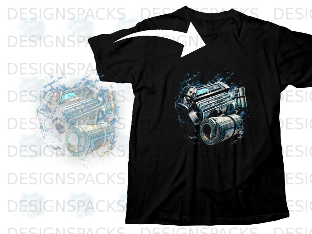 Black t-shirt with graphic of money, boombox, and a face.