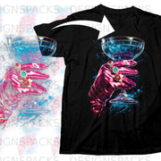 Black t-shirt with a pink gloved hand holding a jeweled cocktail glass.