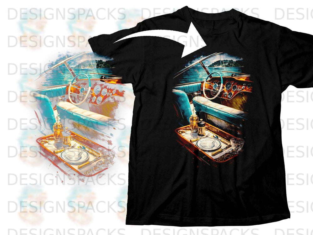 Black t-shirt with a graphic of a vintage boat interior and breakfast tray.