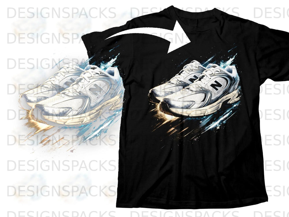 Black t-shirt featuring a graphic of white athletic shoes with abstract paint splatters.