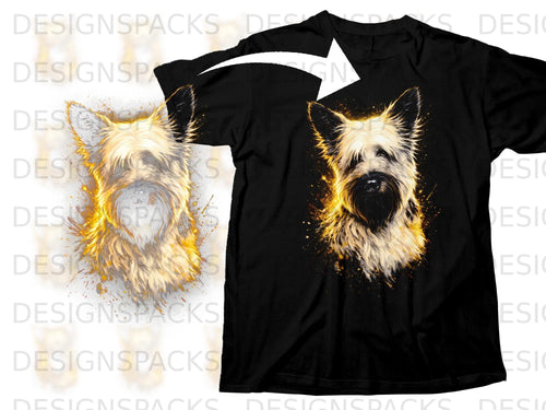 Black t-shirt featuring a vibrant, painterly portrait of a Cairn Terrier with golden accents.