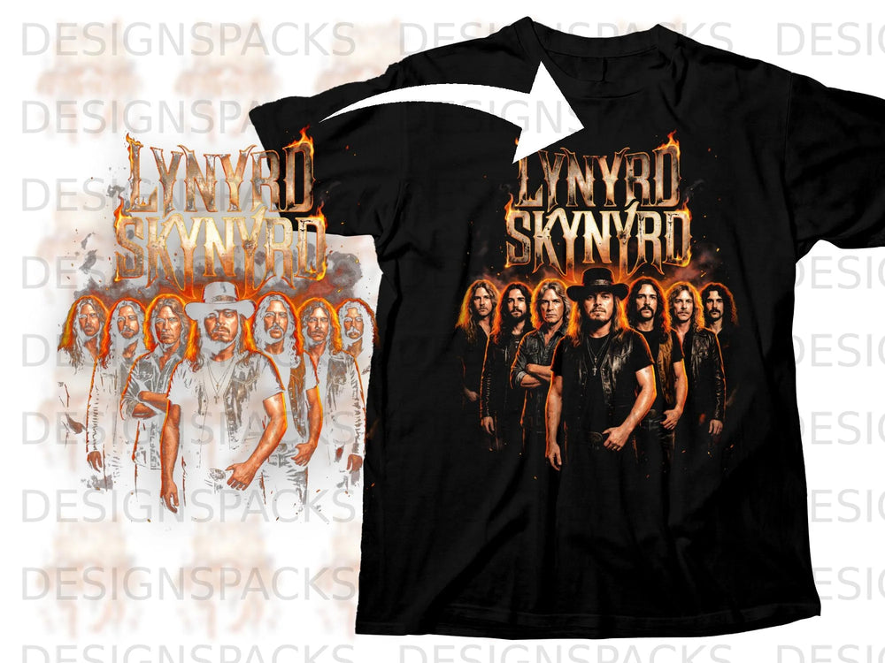 Black t-shirt with Lynyrd Skynyrd band members and flaming logo graphic.