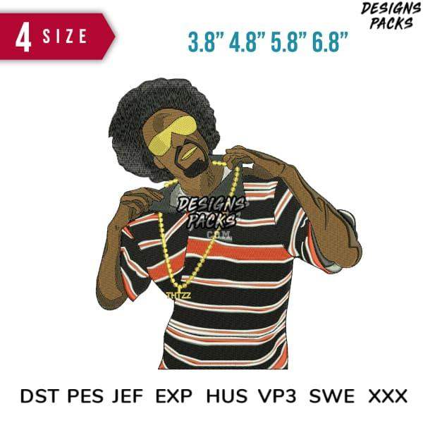 Embroidery design of man in striped shirt with afro, sunglasses, and gold chain, available in 4 sizes and multiple formats