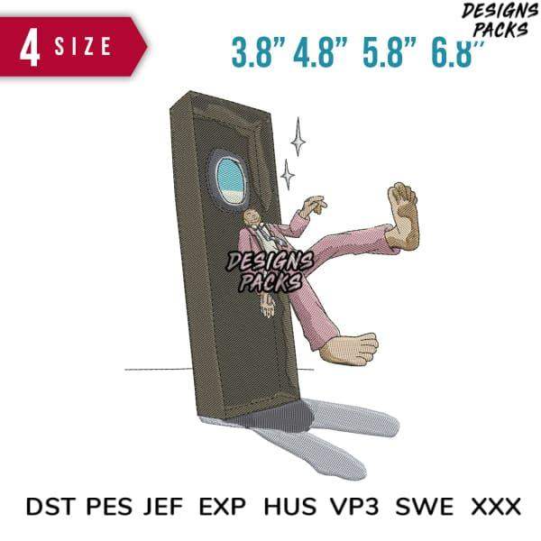 Embroidery design of man kicking door, available in PES, DST, JEF formats, 4 sizes for instant download