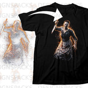 Black t-shirt with a graphic of a woman holding a bloody knife, mouth open.