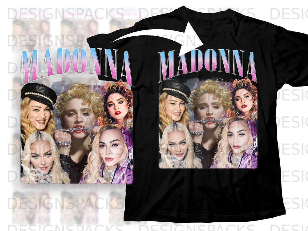 Madonna collage with gradient text on a black t-shirt.