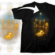 Black t-shirt with Nativity scene of baby Jesus, three wise men, and star.