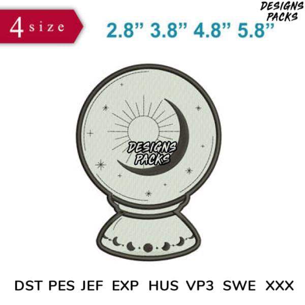 Embroidery design of crystal ball with moon and stars, available in multiple sizes and formats
