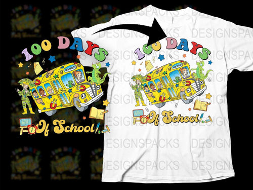 Kids 100 Days of School T-Shirt, Colorful Bus and Characters, Celebration Tee for School Event