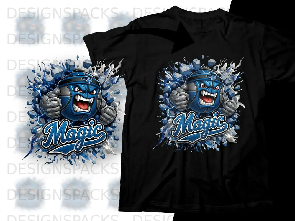 Orlando Magic basketball cartoon character with aggressive expression on black t-shirt.
