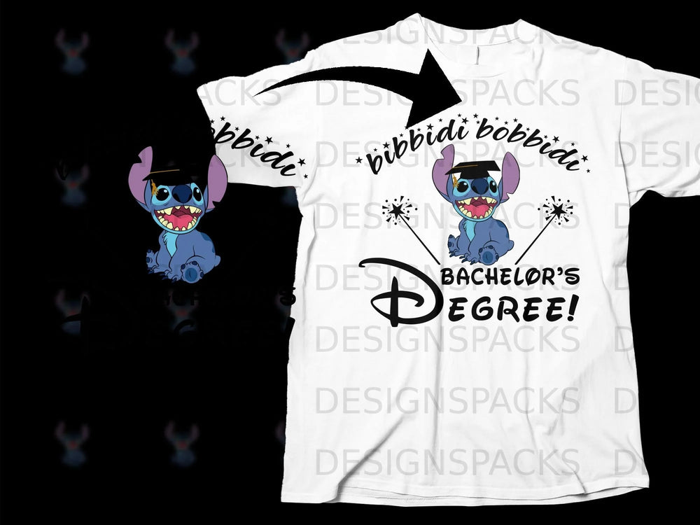 Graduation Stitch wearing a cap with "Bachelor's Degree!" text.