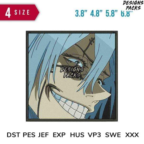 Anime character embroidery design in 4 sizes, compatible with DST PES JEF formats for machine stitching