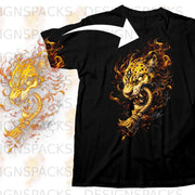 Black t-shirt with a fiery leopard head graphic and a white arrow.