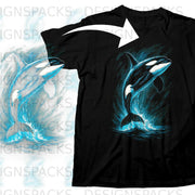 Black t-shirt with a jumping orca whale graphic surrounded by blue water splashes.