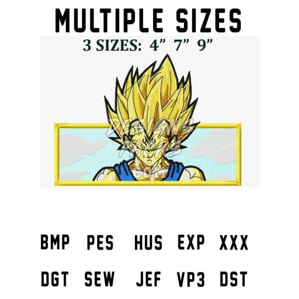 Super Saiyan Vegeta embroidery design in 3 sizes, available in PES, DST, and other formats for instant download.