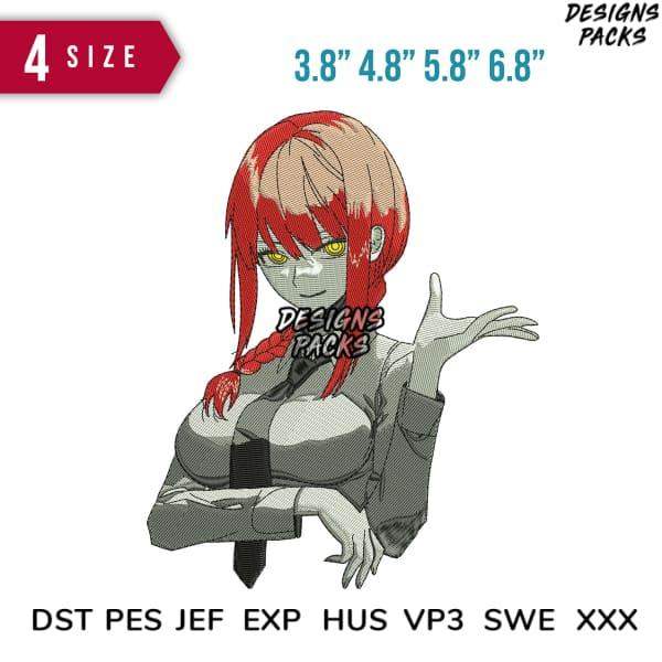 Anime girl embroidery design in 4 sizes, compatible with DST PES JEF formats for DTG/DTF printing