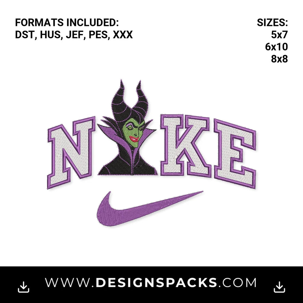 Maleficent Nike Varsity Purple Swoosh Embroidery Design - Instant digital download pattern at Designspacks.com
