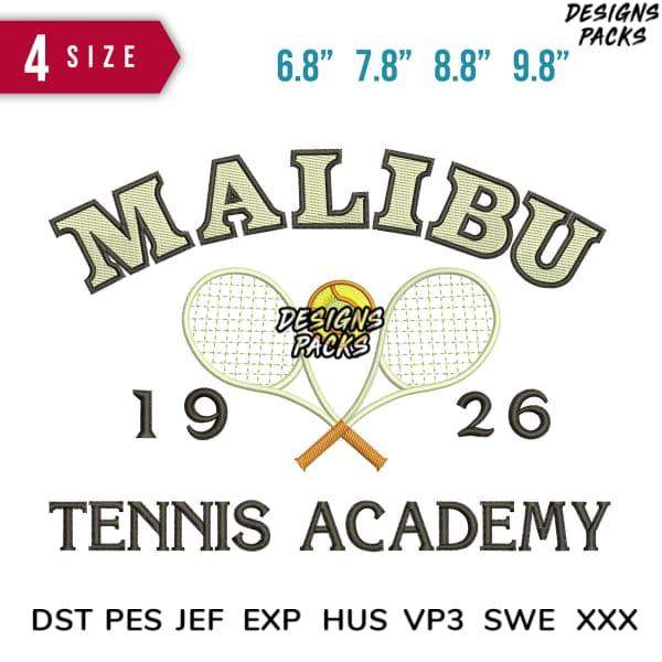 Malibu Tennis Academy embroidery design with crossed rackets, vintage 1926 style, available in multiple sizes and formats