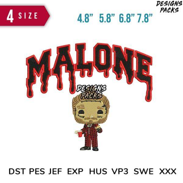 Malone embroidery design with dripping text, available in multiple sizes and formats for instant download.