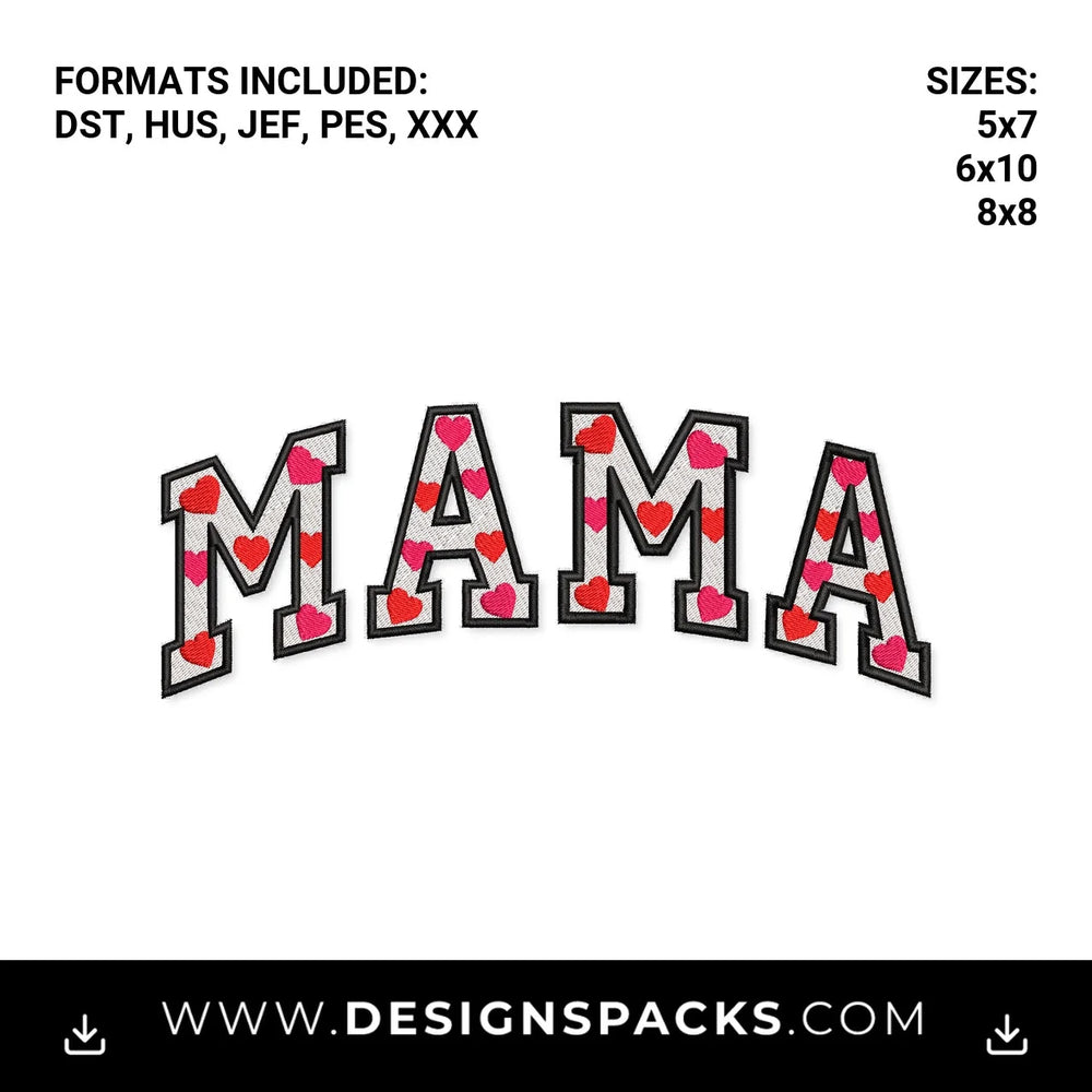 Mama Heart Pattern Varsity Letters Embroidery Design - Instant digital download pattern at Designspacks.com