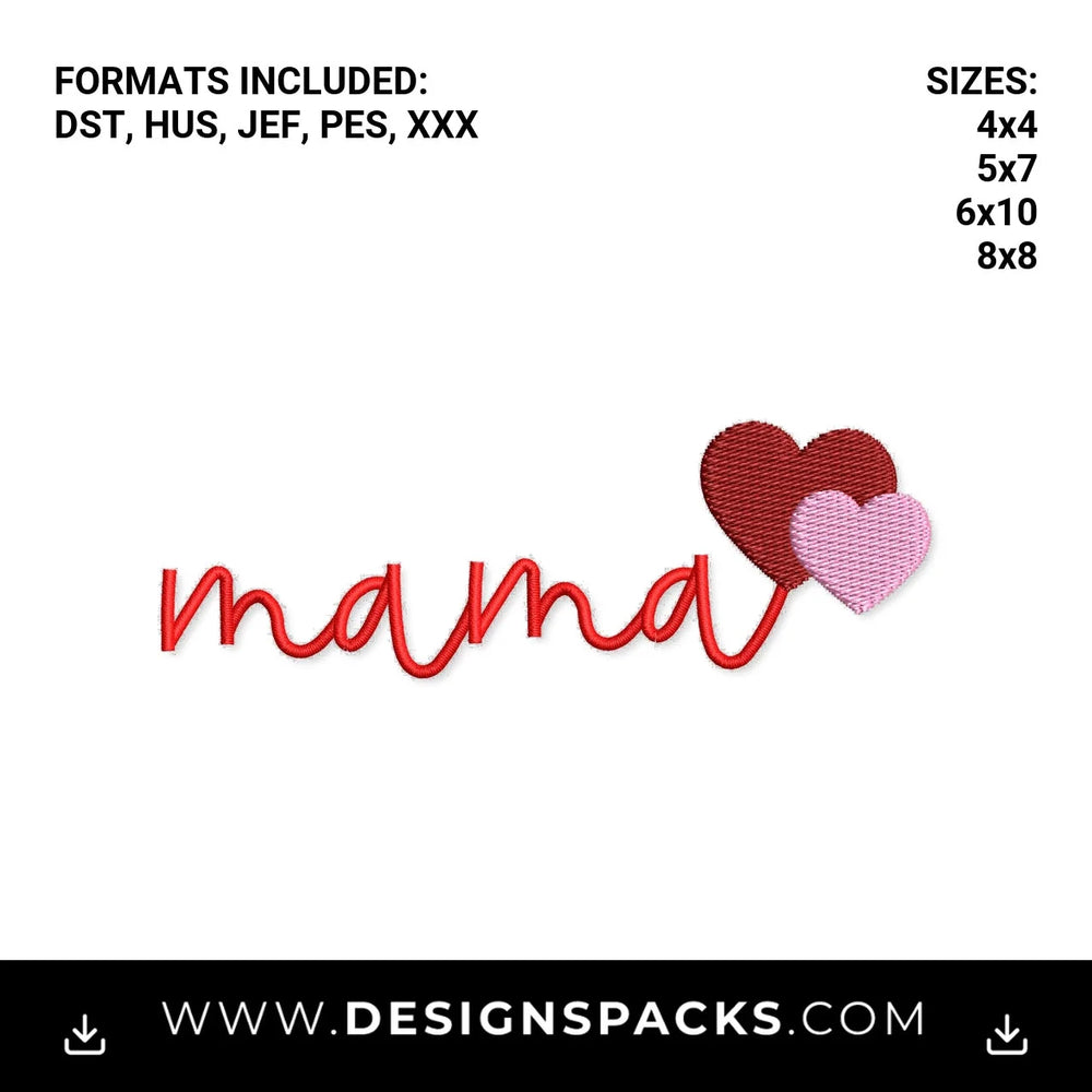 Mama Script with Two Hearts Embroidery Design - Instant digital download pattern at Designspacks.com