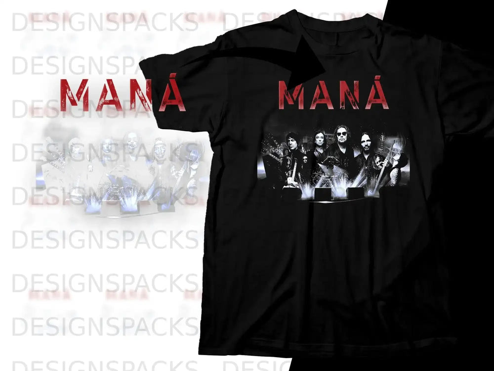 Black t-shirt with band "Maná" logo and distressed portrait.