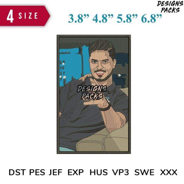 Embroidery design of man holding 'Designs Packs' text, available in 4 sizes & multiple formats