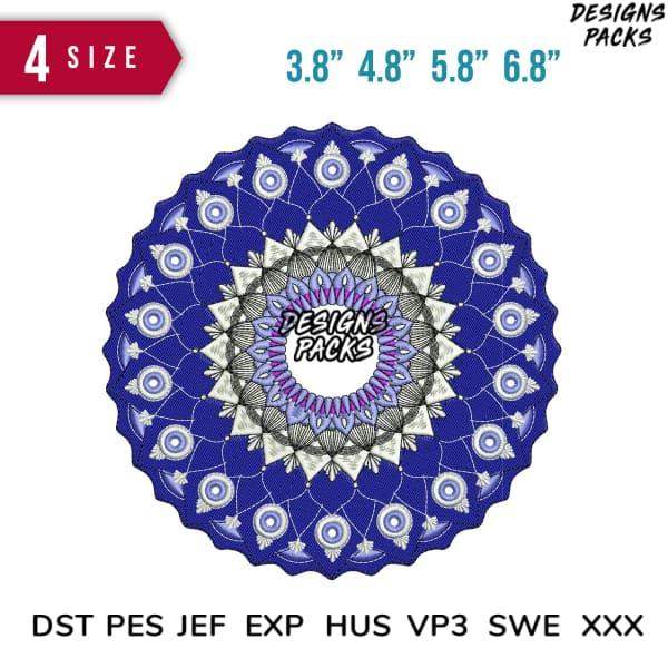 Blue mandala embroidery design in 4 sizes, DST PES JEF formats for instant download
