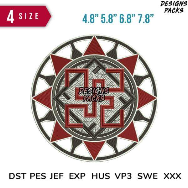 Embroidery design with red and gray geometric sunburst pattern, available in 4 sizes and multiple file formats
