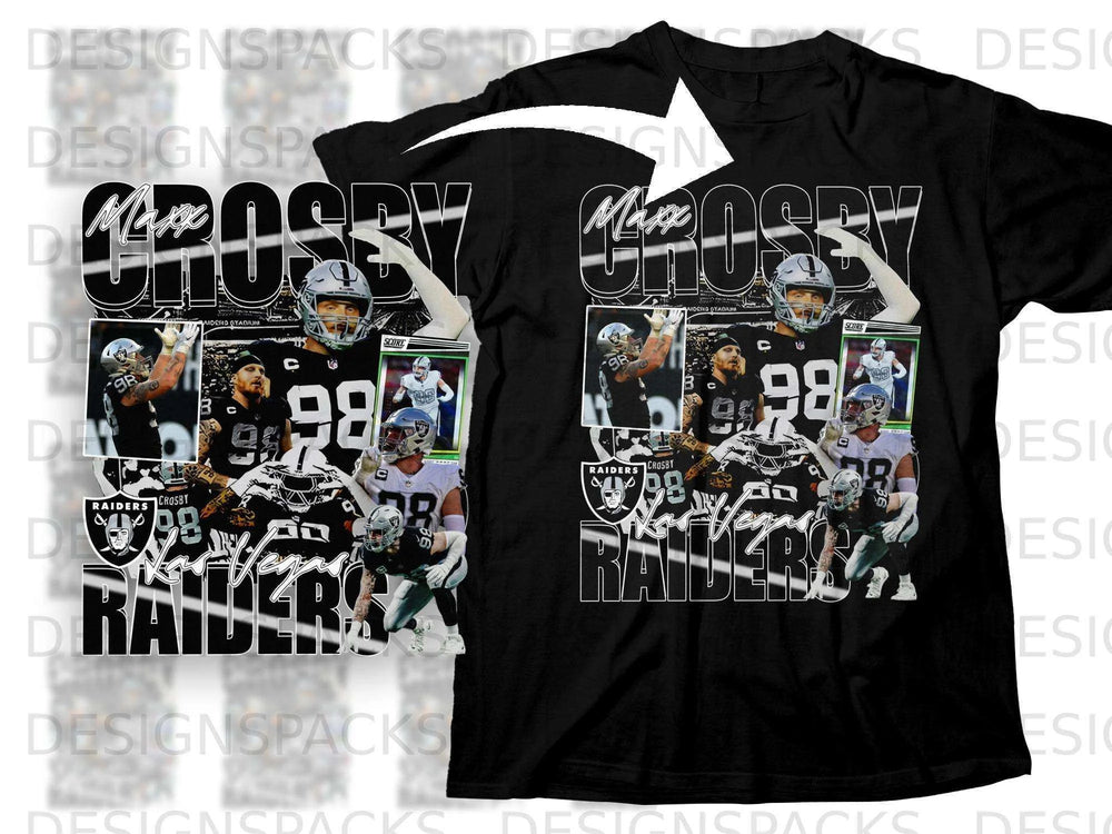 Black t-shirt with Max Crosby Raiders graphic.