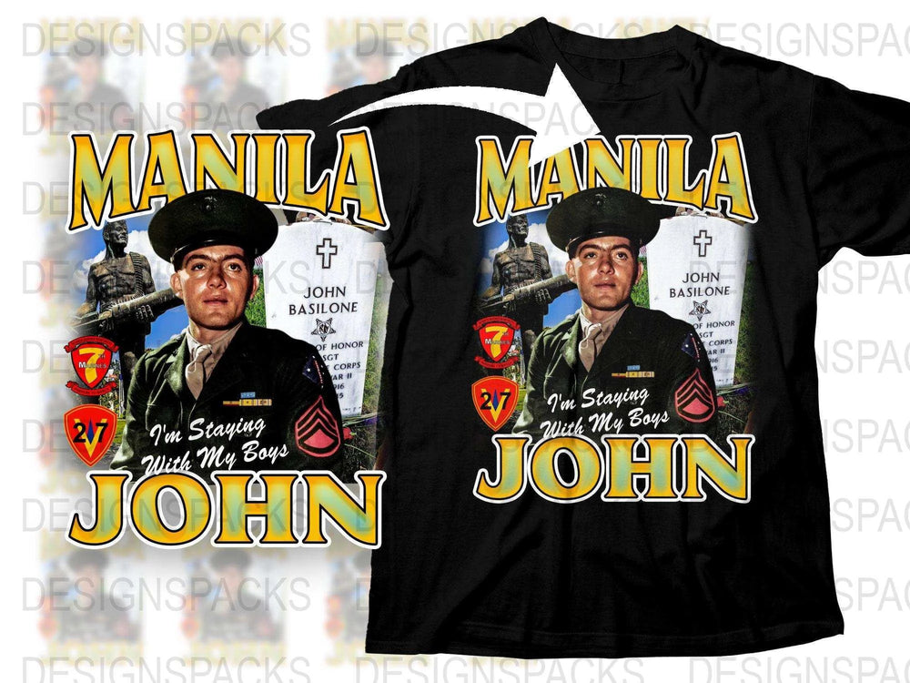 Manila John Graphic T-Shirt, Vintage Marine Corp Design, Patriotic Military Tee, World War II Inspired Shirt with Soldier Imagery