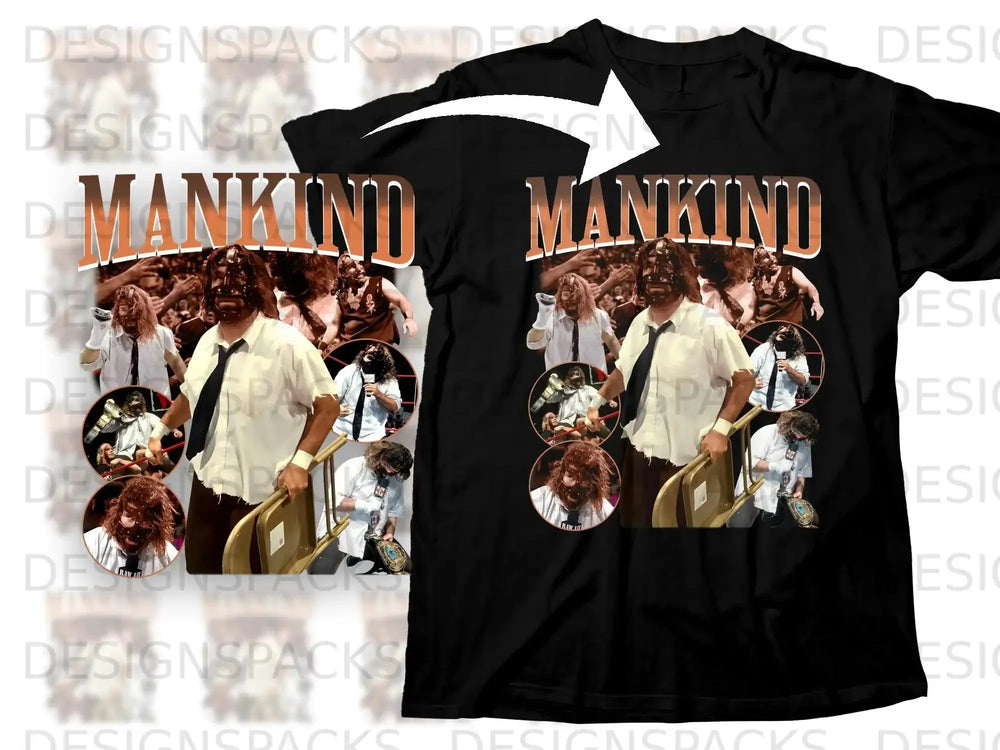 Mankind wrestling graphic tee with text and wrestling action shots.