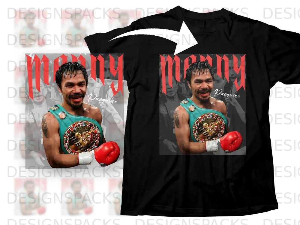 Black t-shirt featuring Manny Pacquiao wearing a championship belt, with "Pacquiao" text.