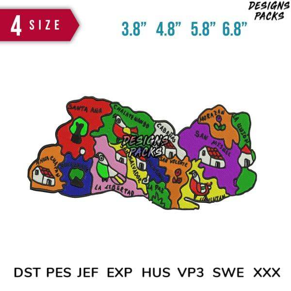 Colorful embroidered map design with 4 sizes, compatible with DST PES JEF formats for instant download