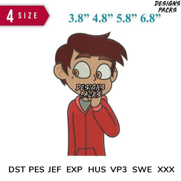 Embroidery design of cartoon boy in red hoodie, available in 4 sizes & multiple file formats for instant download.
