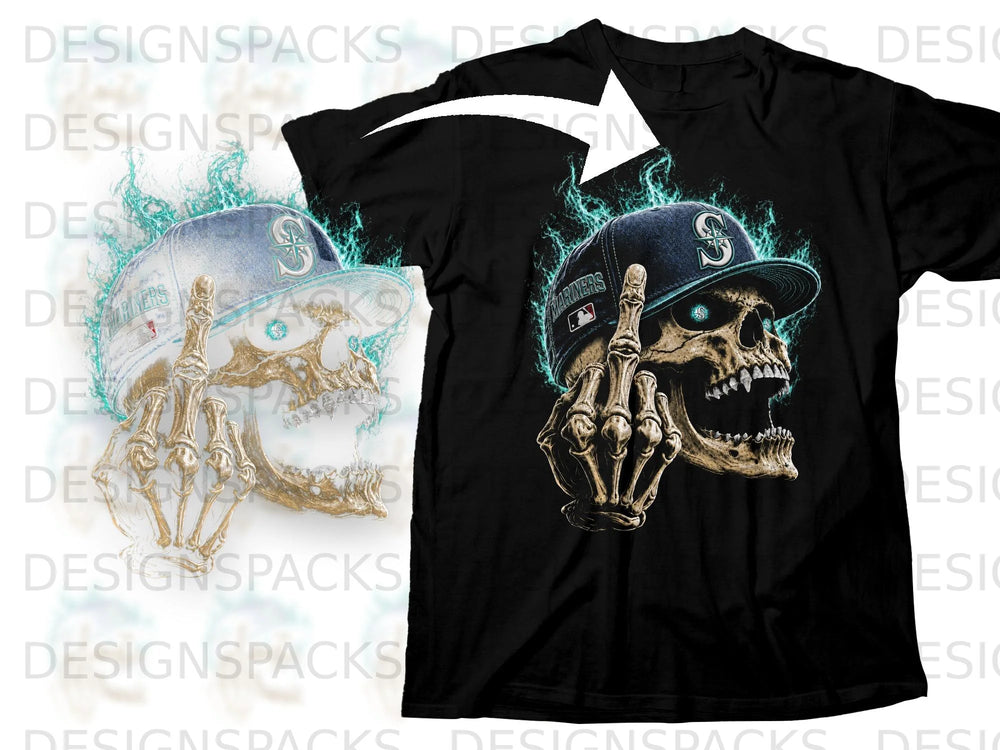 Skull wearing a Mariners baseball cap, with skeleton hand and blue flames.