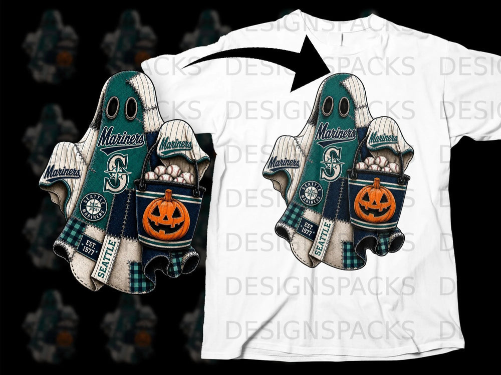 Seattle Mariners baseball-themed ghost with a pumpkin pail and baseballs.