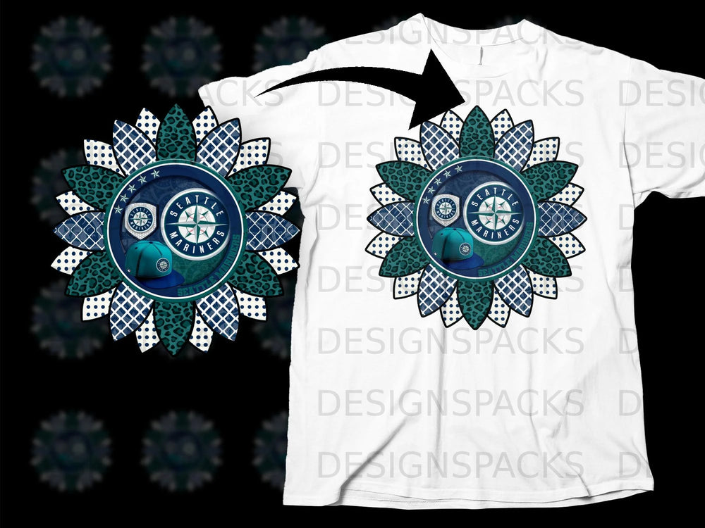 Seattle Mariners sunflower graphic with baseball cap and compass on white t-shirt.