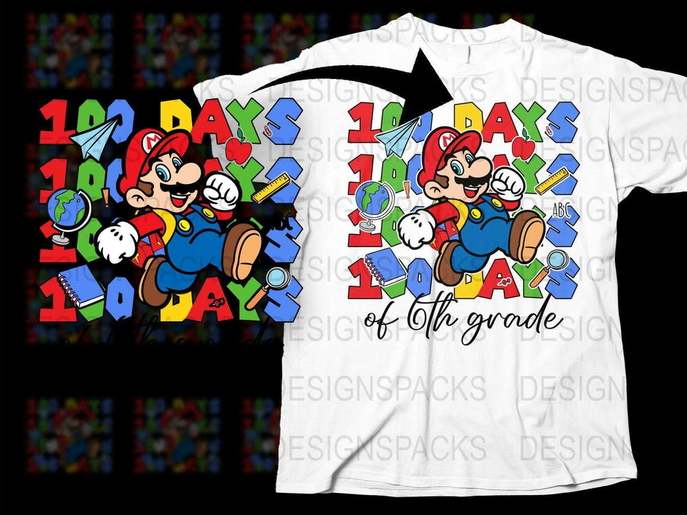 100 Days of School T-Shirt, Super Mario Inspired, 6th Grade Celebration, Colorful Kids Graphic Tee, Unisex Children's Clothing