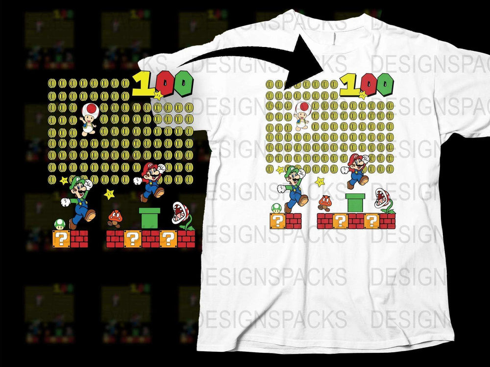 Super Mario 100th Day of School T-Shirt, Colorful Kids Gaming Tee, Unisex Children's Clothing