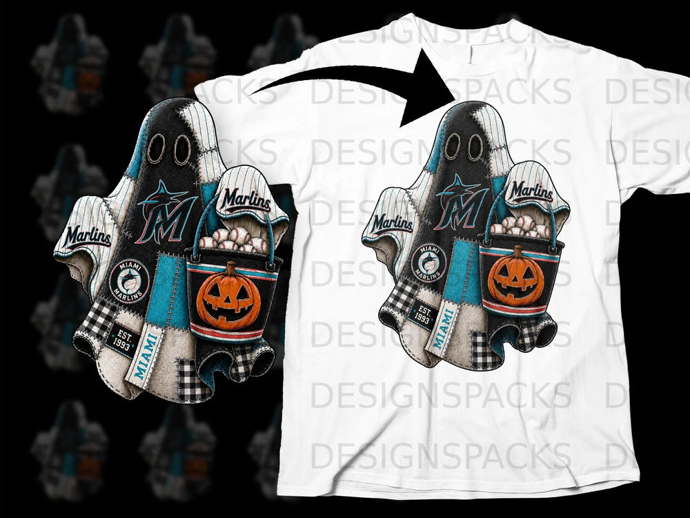 Halloween ghost with Marlins logo, pumpkin, and baseballs on a white t-shirt.