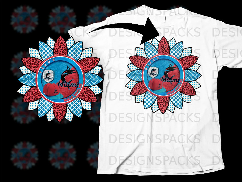 Sunflower with Miami Marlins logo and red cap on white t-shirt.