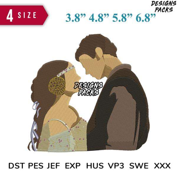 Romantic couple embroidery design in 4 sizes, compatible with DST PES JEF formats for instant download